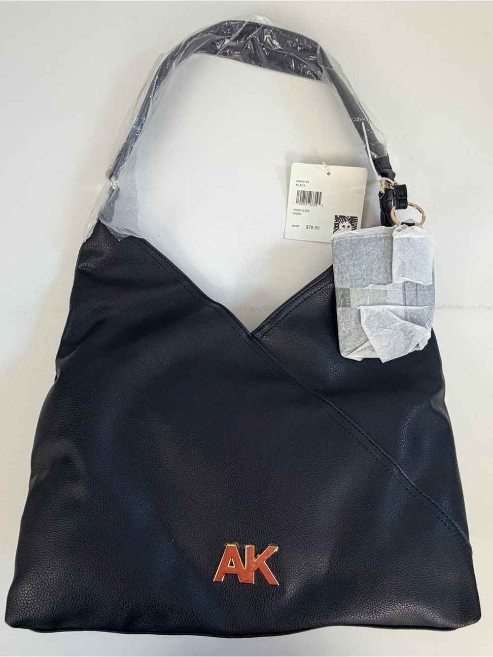 Anne Klein Black Leather Slouch Shoulder Bag with Gold AK Logo - Picture 7 of 11